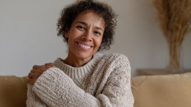 African descent woman in cozy knit embraces warmth, evoking Hygge vibes, celebrating World Kindness Day and Embrace Your Inner Autumn