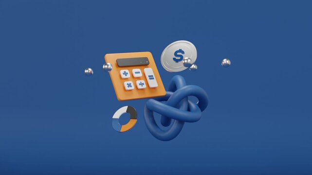 3D animation of minimalist calculator with silver dollar coin and geometric elements rotating on blue background. Financial calculation and currency exchange concept for banking promotions