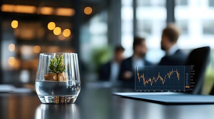 Business meeting in modern office with laptop showing financial chart, glass of water with decorative plant in foreground, blurred people discussing in background.