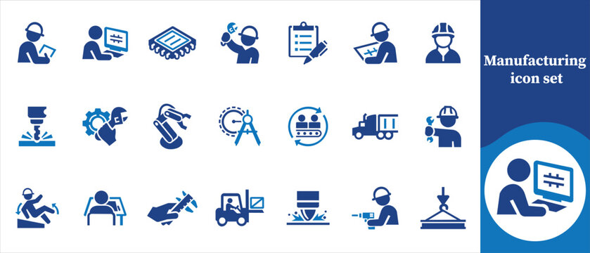 Production icon set, factory, production line, assembly line, industrial robot, machine gear, conveyor belt, manufacturing plant, worker, machinery, automation, industrial equipment and more