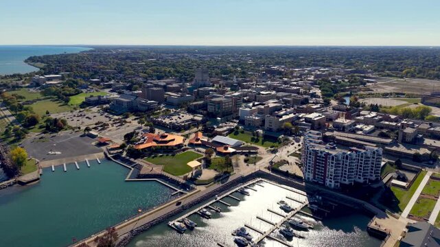 high aerial push in over racine wisconsin