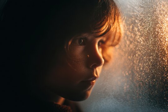 Child gazes out of a frosty window during a cold winter evening
