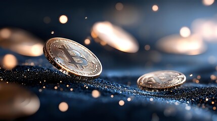 Shiny cryptocurrency coins on dark glittering surface with bokeh lights and shallow depth of field, creating dramatic financial technology atmosphere.
