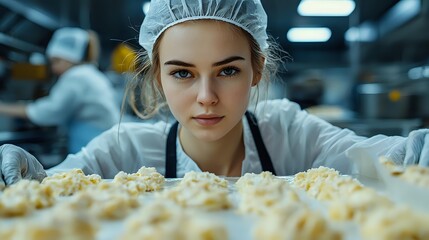Young female chef in protective cap and white uniform inspecting fresh pastry production on industrial kitchen line, quality control in food manufacturing.