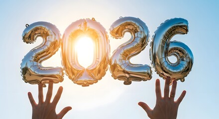 Shining metallic balloons forming the year 2026, gracefully held aloft against a brilliant sunlit sky with a radiant sunburst.
