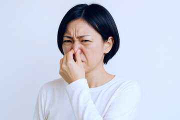 顔をしかめ鼻をつまんで嫌なにおいを我慢している若い女性の不快感イメージ