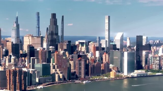 A 70mm cinematic drone shot over the East River, slowly moving from left to right along the coastline, capturing the Manhattan skyline and its towering skyscrapers, of New York City, NY.
