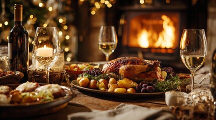 Warm holiday memories with a stunning festive dinner by a cozy fireplace, perfect for family gatherings and celebrating special occasions in style