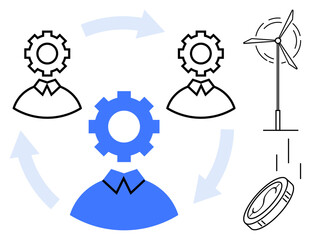 Three interconnected gear-headed people, coin flow, wind turbine, and circular arrows highlight collaboration, renewable energy, innovation, and economy. Ideal for teamwork, sustainability finance
