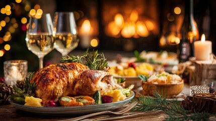 Celebrate the holidays with a warm, inviting Thanksgiving dinner featuring roasted turkey, wine, and festive decorations, perfect for family gatherings