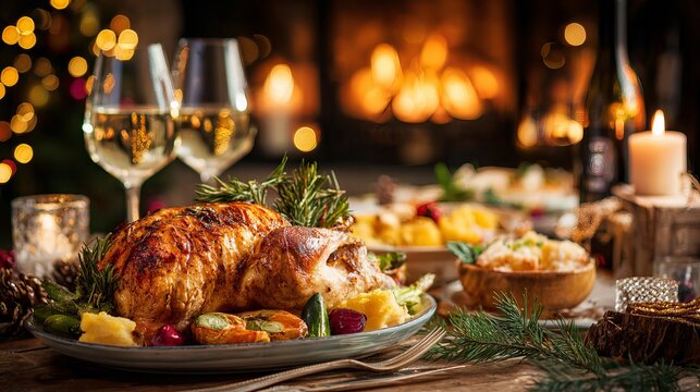 Celebrate the holidays with a warm, inviting Thanksgiving dinner featuring roasted turkey, wine, and festive decorations, perfect for family gatherings