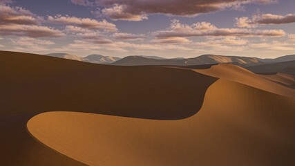 A 3d render of tranquil view of rolling sand dunes under a colorful sky at dusk. The soft curves of the dunes create a peaceful desert scene.