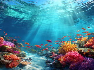 鮮やかなサンゴ礁の間を泳ぐカラフルな熱帯魚と水面に差し込む太陽の光が美しい海中世界の風景