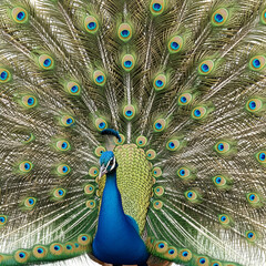 Obraz premium Magnificent peacock displaying its iridescent fanned tail feathers on black background