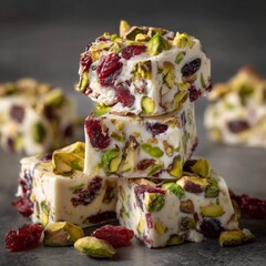 Delicious pistachio and cranberry sweets stacked on a dark surface