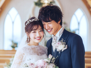 チャペルで花束を持ち寄り寄り添って幸せな笑顔を見せる美しい新郎新婦のポートレート