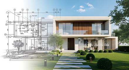 Modern architectural house design blueprint transitioning to realistic rendering