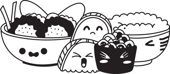 Cute Cartoon Sushi and Rice Bowl Illustration with Funny Expressions, Black and White Sketch