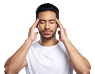 A man with a pained expression is holding his head, suggesting he is experiencing discomfort or stress.