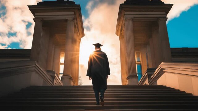 A recent graduate walking up the steps of a grand building, with the sun shining behind them.