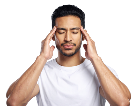 A man with a pained expression is holding his head, suggesting he is experiencing discomfort or stress.