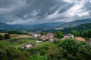 Fototapeta premium Traditional Baztan Valley Village and Mountain Landscape in Navarra Northern Spain