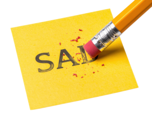 A pencil eraser partially removes the word "SAD" from a yellow sticky note, symbolizing the desire to erase negative emotions.