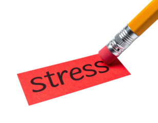 An eraser is removing the word "stress" from a red piece of paper, symbolizing the desire to eliminate stress from life.