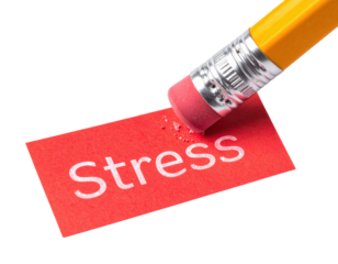 An eraser is removing the word "Stress" from a red paper, symbolizing the elimination of stress.