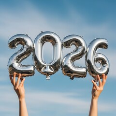 Hands holding shiny silver balloons forming the number 2026 against a clear blue sky, symbolizing a celebration of the upcoming new year and future