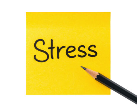 A yellow sticky note with the word "Stress" written in bold black letters, accompanied by a sharpened pencil.