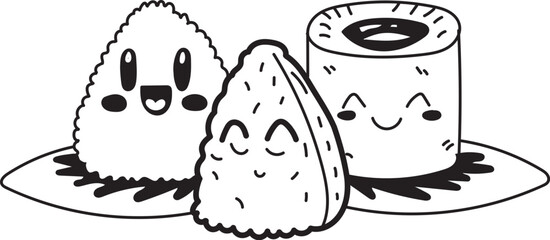 Kawaii Sushi Roll, Onigiri Rice Balls Cute Black and White Cartoon Food Illustration