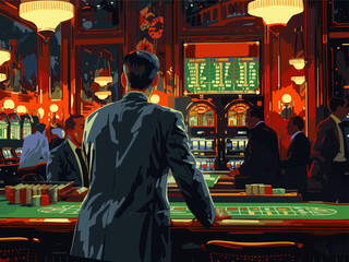 man in a suit standing at a roulette table in a luxurious, dimly lit casino filled with slot machines. Generative ai vector colorful illustration.