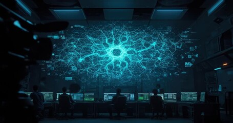 dimly lit control room displays a large, glowing blue neural network simulation on a central screen, with several figures observing from workstations. - Powered by Adobe