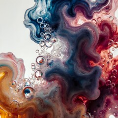 Abstract macro shot of colored ink swirling in water with bubbles