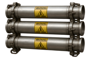 Ultra-Detailed 3D Missile Launch Tubes — Realistic Metallic Texture and Warning Labels on Transparent Background