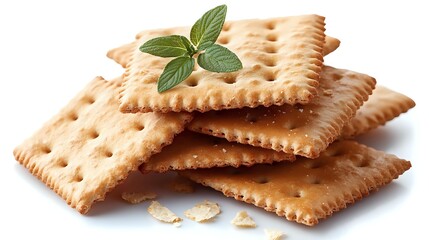 Stack of crispy square crackers garnished with fresh mint leaves on white background, close up view of crunchy biscuits with holes and flaky texture.
