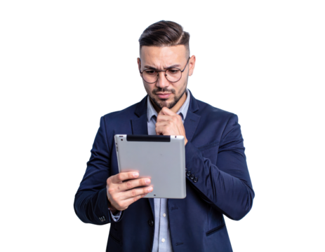 A man in a suit thoughtfully examines a tablet device, displaying a contemplative expression as he interacts with the screen.