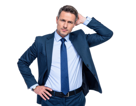 A professionally dressed man poses thoughtfully, with one hand on his head and the other on his hip, conveying a sense of contemplation and confidence. - Powered by Adobe