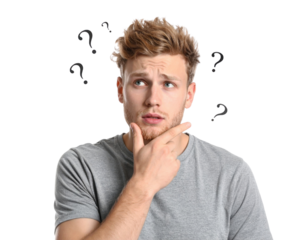 A thoughtful young man with tousled hair appears to ponder, displaying a curious expression accompanied by question marks.