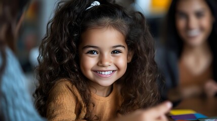 Fototapeta premium Young Hispanic girl with curly dark hair and bright smile wearing orange sweater shows genuine joy while learning and playing at home with family.