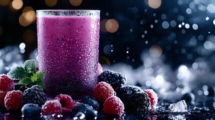 Fresh berry smoothie in glass with frozen raspberries, blackberries, and blueberries on dark background with bokeh lights. Healthy breakfast drink garnished with mint.