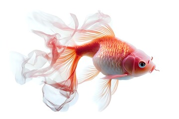 Fototapeta premium Orange and white fantail goldfish swimming gracefully with flowing translucent fins against white background, isolated aquatic pet for aquarium and nature designs.