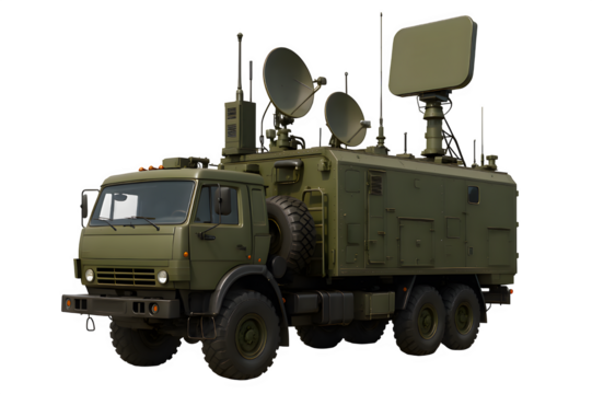 Mobile Air Defense Command and Control Truck — Realistic 3D Render with Radar and Communication Systems on Transparent Background