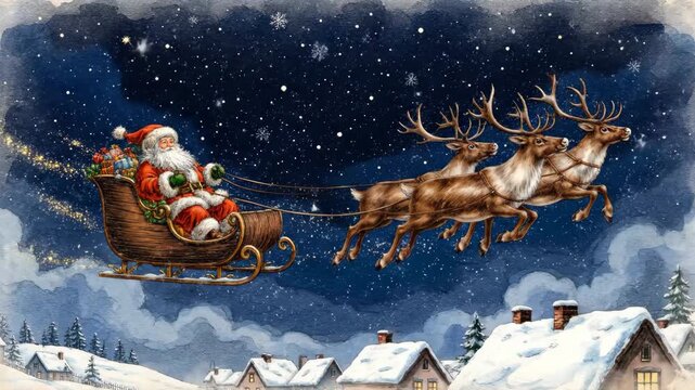 Watercolor cartoon style video of Santa flying in his sleigh - festive retro animation