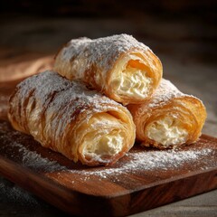 Delicious cream-filled pastries displayed on a wooden board in a warm kitchen setting