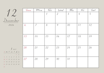 2026年 12月 おしゃれ書き込みカレンダー