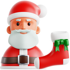 A delightful 3D rendering of a cartoon Santa Claus character in a classic red suit, holding a festive Christmas stocking. Isolated holiday icon