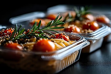Fresh pasta with tomatoes and rosemary in takeaway containers on dark background, selective focus close up view of Italian cuisine meal delivery.