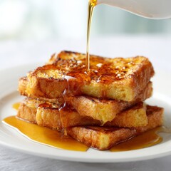 Delicious French toast stacks drizzled with syrup served on a plate for breakfast